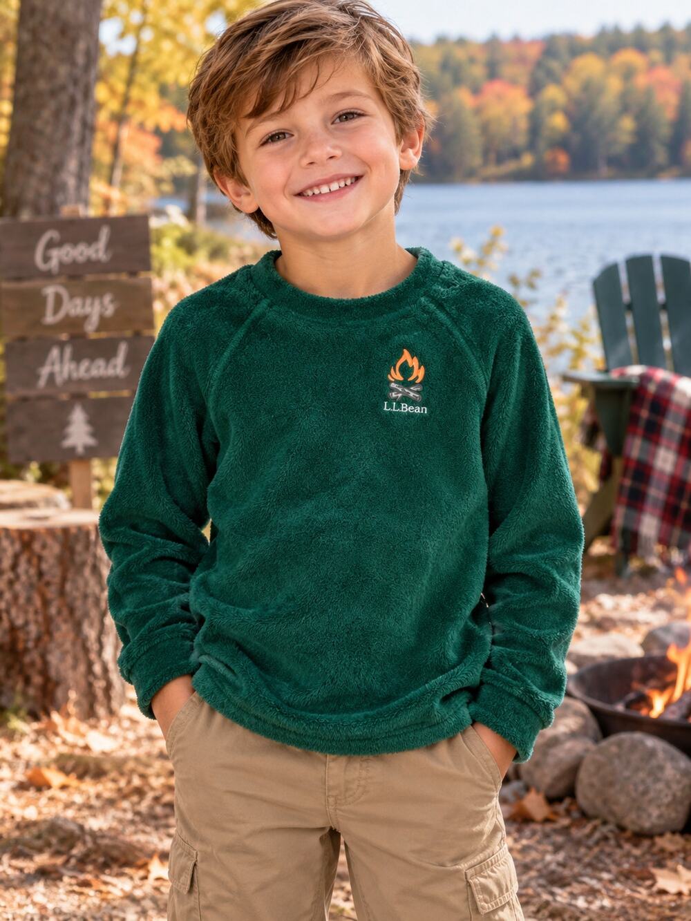 L.L.Bean Kids M 10-12 Green Fleece Campfire Pullover Crewneck